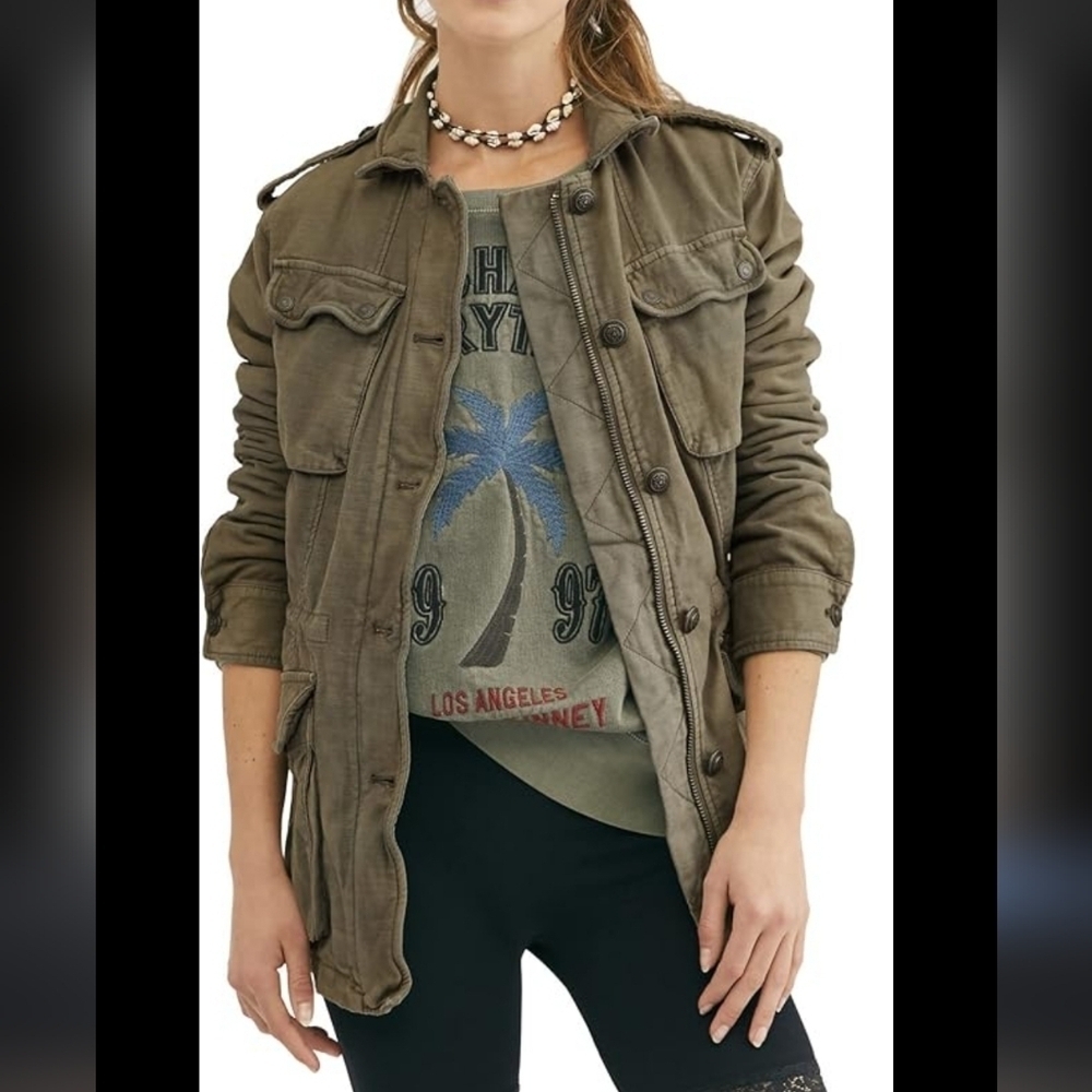 Free People Embellished Military Jacket Olive Women’s Size SMALL 💯 cotton